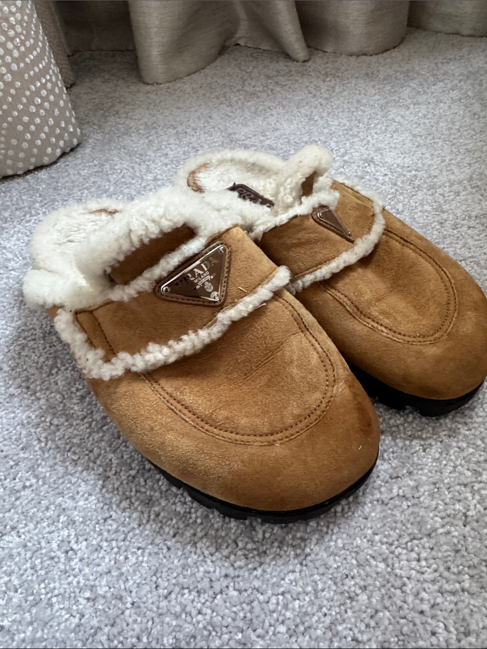 Prada Tan Suede Shearling-Trim Slip-On Mules, size 38